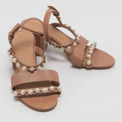 Pre Owned Tory Burch Brown Leather Emmy Pearl Ankle Strap Sandals Size 37
