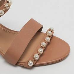 Pre Owned Tory Burch Brown Leather Emmy Pearl Ankle Strap Sandals Size 37