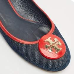 Pre Owned Tory Burch Blue/Red Denim and Leather Reva Ballet Flats Size 38.5
