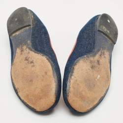 Pre Owned Tory Burch Blue/Red Denim and Leather Reva Ballet Flats Size 38.5