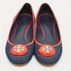 Pre Owned Tory Burch Blue/Red Denim and Leather Reva Ballet Flats Size 38.5