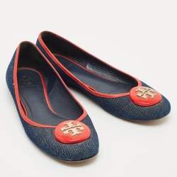 Pre Owned Tory Burch Blue/Red Denim and Leather Reva Ballet Flats Size 38.5