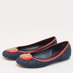 Pre Owned Tory Burch Blue/Red Denim and Leather Reva Ballet Flats Size 38.5