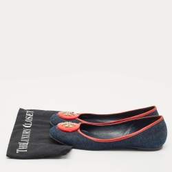 Pre Owned Tory Burch Blue/Red Denim and Leather Reva Ballet Flats Size 38.5