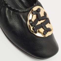 Pre Owned Tory Burch Black Leather Melinda Scrunch Ballet Flats Size 38.5