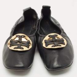 Pre Owned Tory Burch Black Leather Melinda Scrunch Ballet Flats Size 38.5