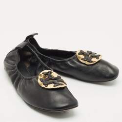 Pre Owned Tory Burch Black Leather Melinda Scrunch Ballet Flats Size 38.5