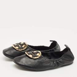 Pre Owned Tory Burch Black Leather Melinda Scrunch Ballet Flats Size 38.5