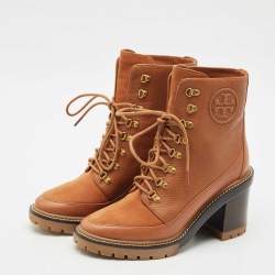 Pre Owned Tory Burch Brown Leather and Nubuck Leather Miller Ankle Length Boots Size 40