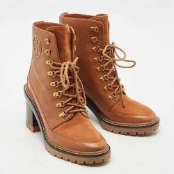 Pre Owned Tory Burch Brown Leather and Nubuck Leather Miller Ankle Length Boots Size 40