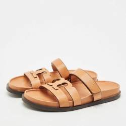Pre Owned Tory Burch Tan Leather Ines Sport Flat Slides Size 41