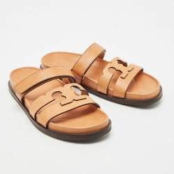 Pre Owned Tory Burch Tan Leather Ines Sport Flat Slides Size 41