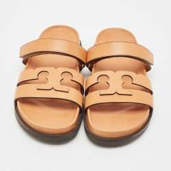 Pre Owned Tory Burch Tan Leather Ines Sport Flat Slides Size 41