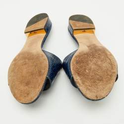 Pre Owned Tory Burch Navy Blue Croc Embossed Leather Martine Flat Slide Sandals Size 38.5