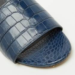 Pre Owned Tory Burch Navy Blue Croc Embossed Leather Martine Flat Slide Sandals Size 38.5
