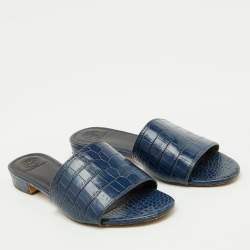 Pre Owned Tory Burch Navy Blue Croc Embossed Leather Martine Flat Slide Sandals Size 38.5