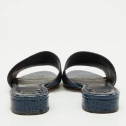 Pre Owned Tory Burch Navy Blue Croc Embossed Leather Martine Flat Slide Sandals Size 38.5