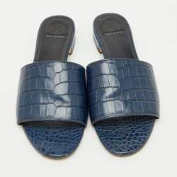 Pre Owned Tory Burch Navy Blue Croc Embossed Leather Martine Flat Slide Sandals Size 38.5