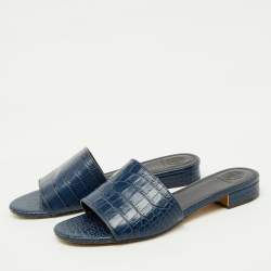 Pre Owned Tory Burch Navy Blue Croc Embossed Leather Martine Flat Slide Sandals Size 38.5