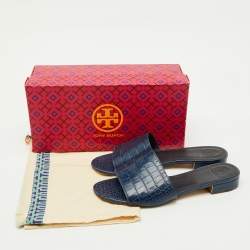 Pre Owned Tory Burch Navy Blue Croc Embossed Leather Martine Flat Slide Sandals Size 38.5