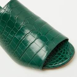 Pre Owned Tory Burch Green Croc Embossed Leather Martine Block Heel Slide Sandals Size 39