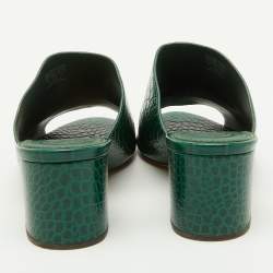 Pre Owned Tory Burch Green Croc Embossed Leather Martine Block Heel Slide Sandals Size 39