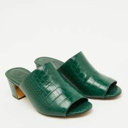 Pre Owned Tory Burch Green Croc Embossed Leather Martine Block Heel Slide Sandals Size 39