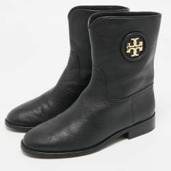 Pre Owned Tory Burch Black Leather Moto Mid Calf Boots Size 38           
