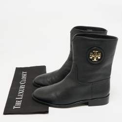 Pre Owned Tory Burch Black Leather Moto Mid Calf Boots Size 38           