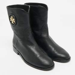 Pre Owned Tory Burch Black Leather Moto Mid Calf Boots Size 38           