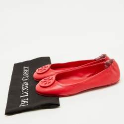 Pre Owned Tory Burch Rose Red Leather Reva Logo Ballet Flats Size 37