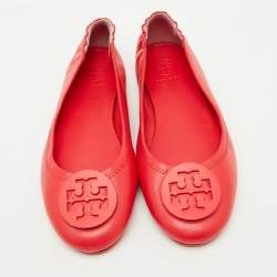 Pre Owned Tory Burch Rose Red Leather Reva Logo Ballet Flats Size 37