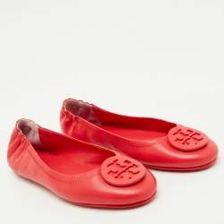 Pre Owned Tory Burch Rose Red Leather Reva Logo Ballet Flats Size 37