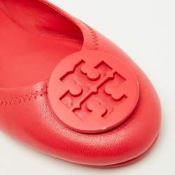 Pre Owned Tory Burch Rose Red Leather Reva Logo Ballet Flats Size 37