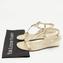 Pre Owned Tory Burch Gold Leather Wedge Sandals Size 39.5