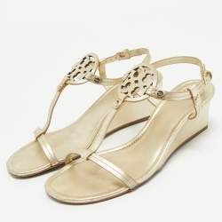 Pre Owned Tory Burch Gold Leather Wedge Sandals Size 39.5
