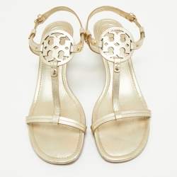 Pre Owned Tory Burch Gold Leather Wedge Sandals Size 39.5
