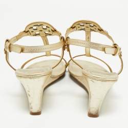 Pre Owned Tory Burch Gold Leather Wedge Sandals Size 39.5