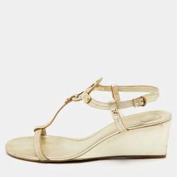 Pre Owned Tory Burch Gold Leather Wedge Sandals Size 39.5