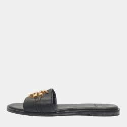 Pre Owned Tory Burch Black Leather Everly Flat Slides Size 36