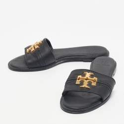 Pre Owned Tory Burch Black Leather Everly Flat Slides Size 36