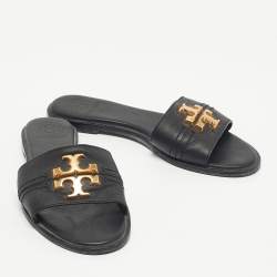 Pre Owned Tory Burch Black Leather Everly Flat Slides Size 36