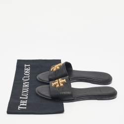 Pre Owned Tory Burch Black Leather Everly Flat Slides Size 36