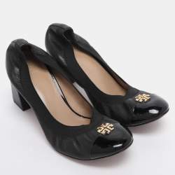 Pre Owned Tory Burch Black Leather Cap Toe Jolie Block Heel Pumps Size 38