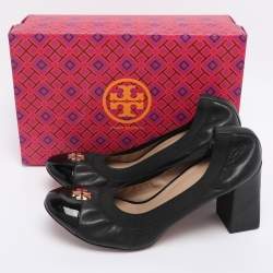 Pre Owned Tory Burch Black Leather Cap Toe Jolie Block Heel Pumps Size 38
