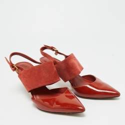 Pre Owned Tory Burch Red Patent Leather and Suede Pointed Toe Slingback Pumps Size 39.5