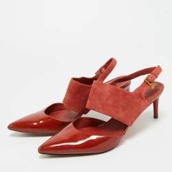 Pre Owned Tory Burch Red Patent Leather and Suede Pointed Toe Slingback Pumps Size 39.5