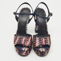 Pre Owned Tory Burch Navy Blue/Red Brocade Fabric Ankle Strap Sandals Size 38