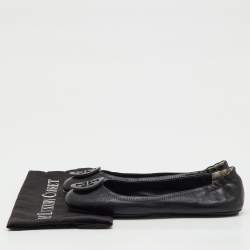 Pre Owned Tory Burch Black Leather Reva Logo Scrunch Ballet Flats Size 38