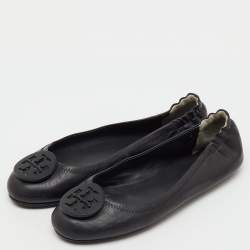 Pre Owned Tory Burch Black Leather Reva Logo Scrunch Ballet Flats Size 38